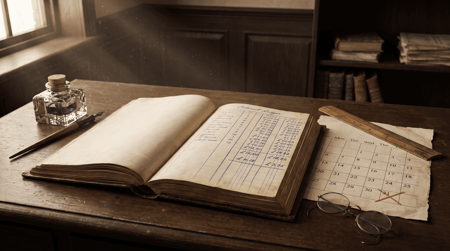 Aufgeschlagenes Zinsstaffelbuch mit handschriftlichen Spalten auf einem dunklen Holzschreibtisch, daneben liegt flach ein Kalenderblatt, auf dem die 31 rot durchgestrichen ist (KI-generiertes Bild)