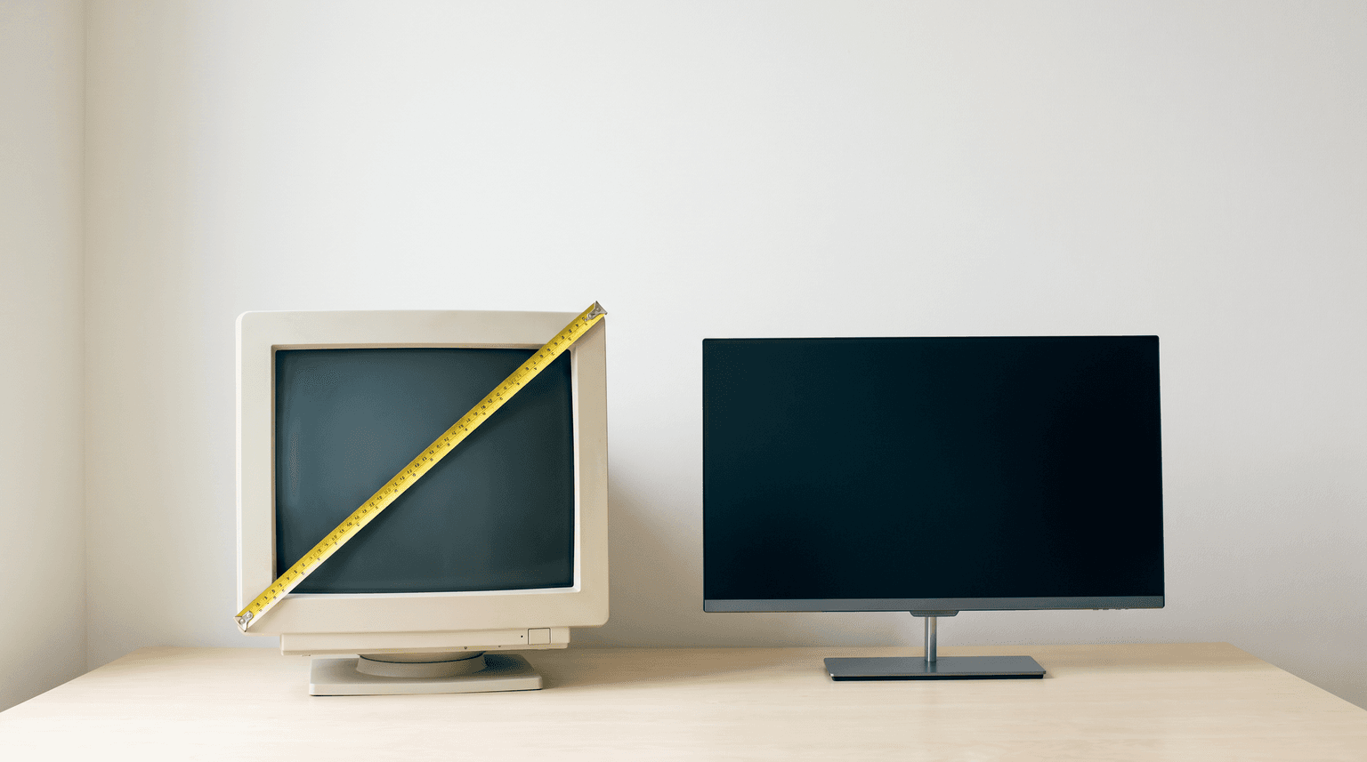 Links ein alter beiger Röhrenmonitor mit fast quadratischem Bildschirm, rechts ein flacher moderner Breitbildmonitor, über die Diagonale des alten Geräts ist ein Maßband gespannt (KI-generiertes Bild)