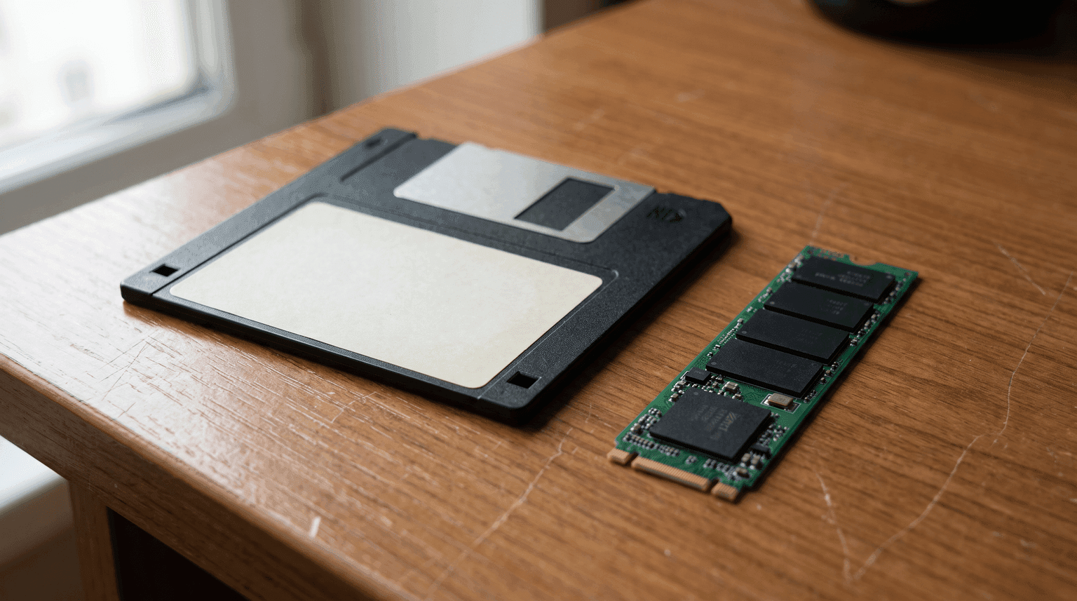 Eine 3,5-Zoll-Diskette liegt neben einer modernen M.2-SSD auf einem Schreibtisch, seitliches Tageslicht (KI-generiertes Bild)
