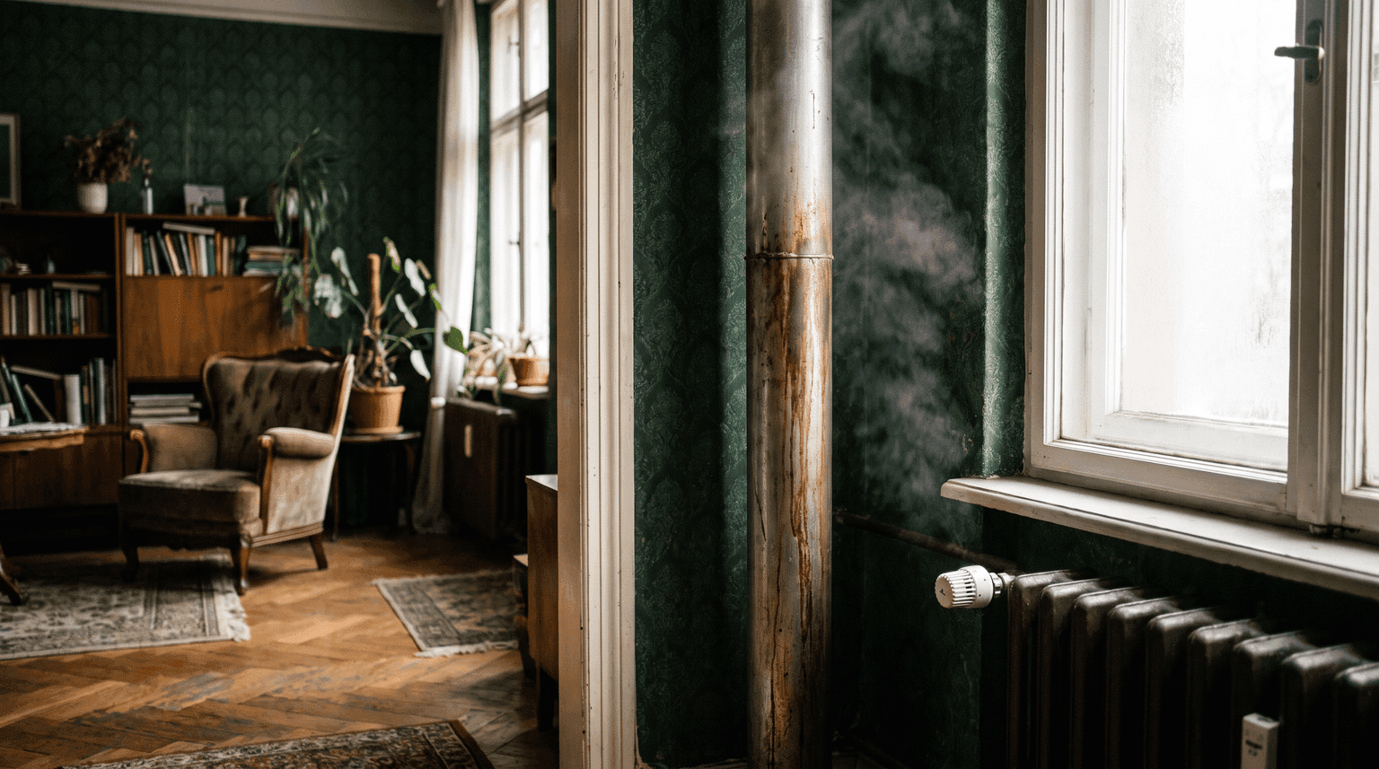 Altbauzimmer im Winterlicht: An der Wand verläuft eine ungedämmte Heizungsleitung senkrecht nach oben, daneben steht ein alter Gussheizkörper mit heruntergedrehtem Thermostatventil (KI-generiertes Bild)