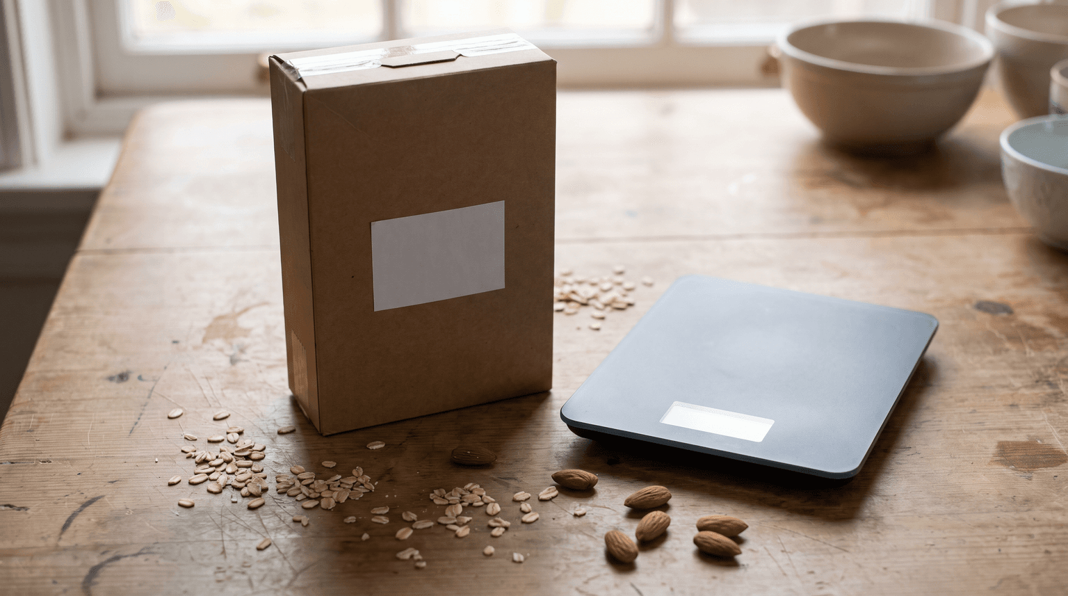 Ein Küchentisch mit einer Lebensmittelverpackung, deren Nährwerttabelle sichtbar ist, daneben eine digitale Küchenwaage (KI-generiertes Bild)