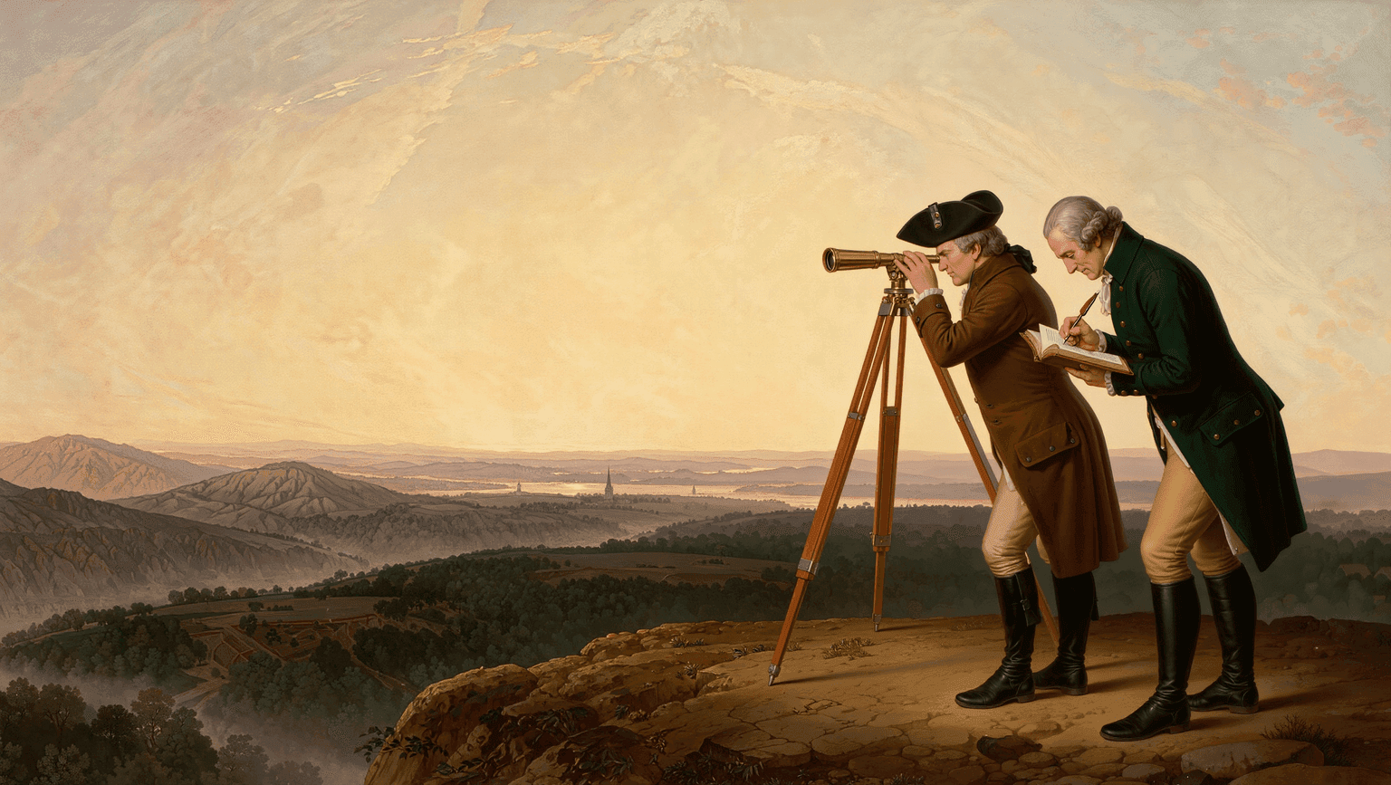 Zwei Vermesser des späten 18. Jahrhunderts mit einem Messkreis auf einer Anhöhe, im Stil eines historischen Gemäldes (KI-generiertes Bild)