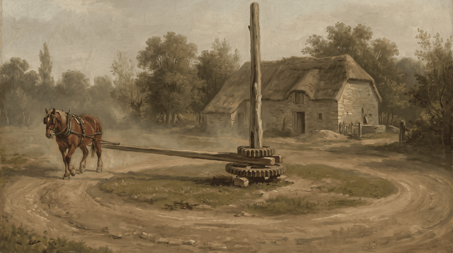 Ein kräftiges Arbeitspferd, das an einem langen Holzbalken im Kreis geht und einen Mühlengöpel antreibt, im Stil eines historischen Ölgemäldes des späten 18. Jahrhunderts (KI-generiertes Bild)