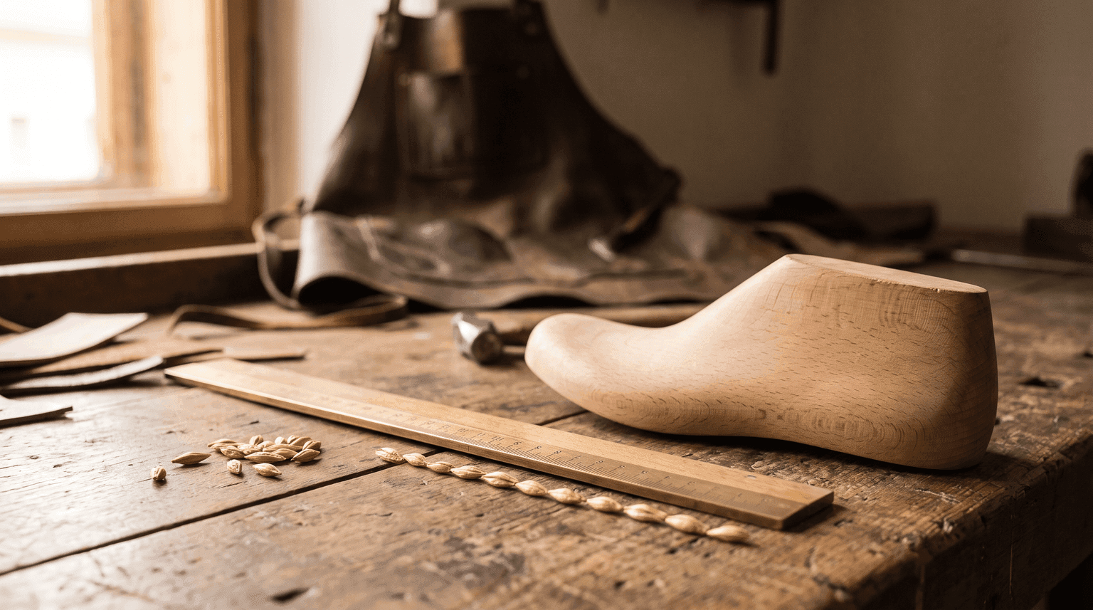 Eine historische Schuhmacherwerkbank: ein hölzerner Schuhleisten, ein Messstab und eine Handvoll Gerstenkörner, die in einer Reihe aneinandergelegt sind (KI-generiertes Bild)