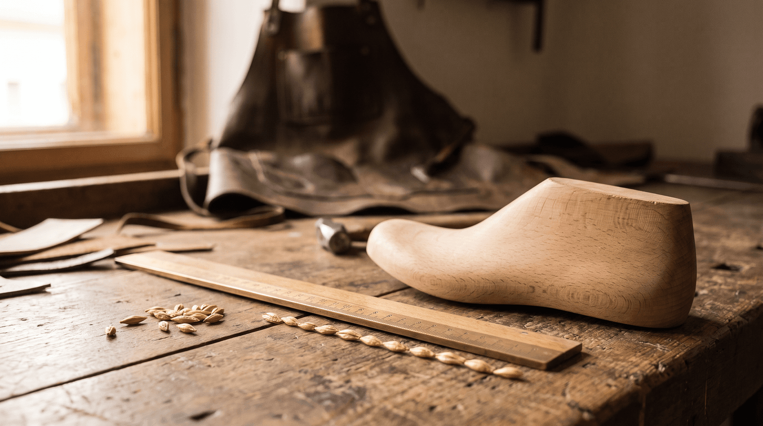 Eine historische Schuhmacherwerkbank: ein hölzerner Schuhleisten, ein Messstab und eine Handvoll Gerstenkörner, die in einer Reihe aneinandergelegt sind