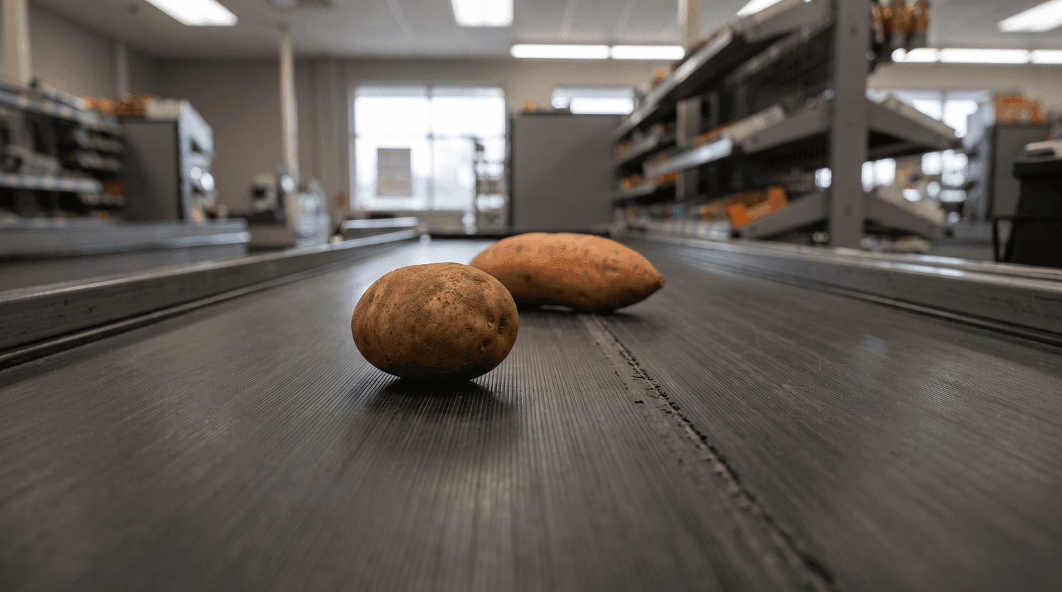 Zwei ungeschälte Knollen liegen hintereinander auf einem dunkelgrauen Kassenband: vorn eine braune Kartoffel, dahinter eine orangefarbene Süßkartoffel (KI-generiertes Bild)