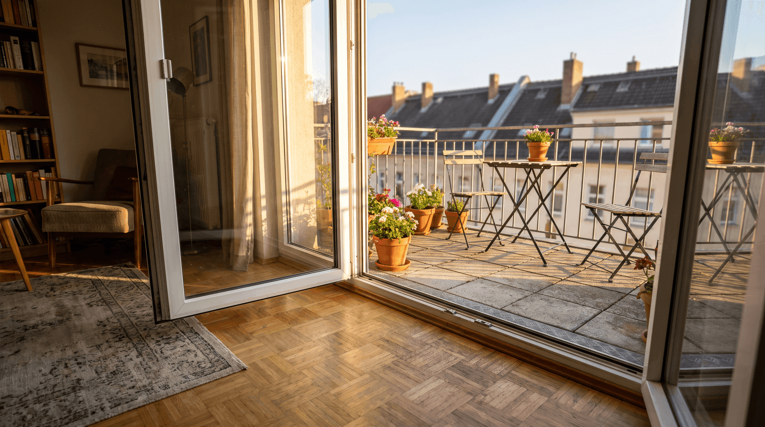 Blick aus einem Wohnzimmer durch die offene Balkontür auf einen sonnigen Balkon mit Tisch, zwei Stühlen und Metallgeländer (KI-generiertes Bild)