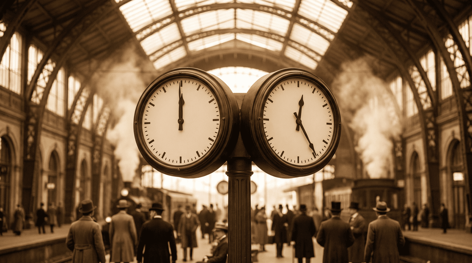 Bahnhofshalle des späten 19. Jahrhunderts mit zwei nebeneinander an einem Gusseisenpfeiler montierten Uhren, die unterschiedliche Zeiten anzeigen (KI-generiertes Bild)
